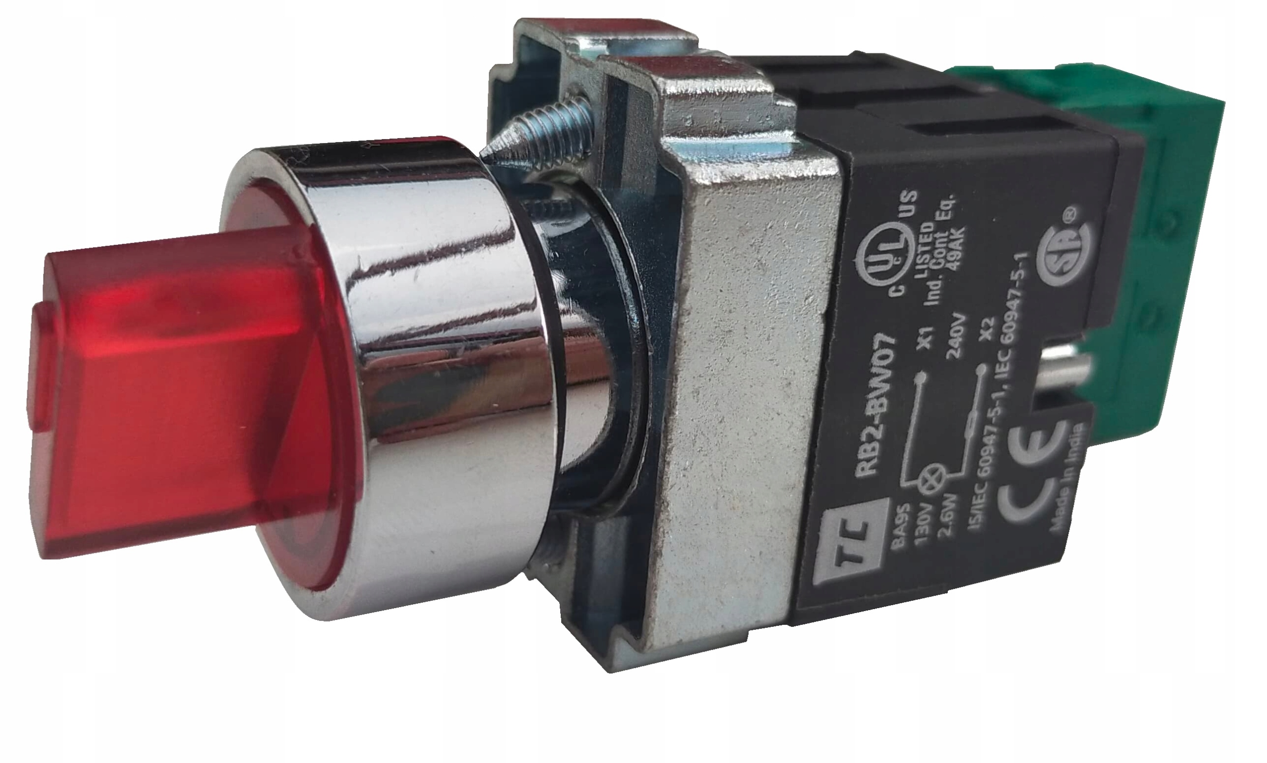 Przełącznik dwupozycyjny podświetlany czerwony 230V + NO metal 22